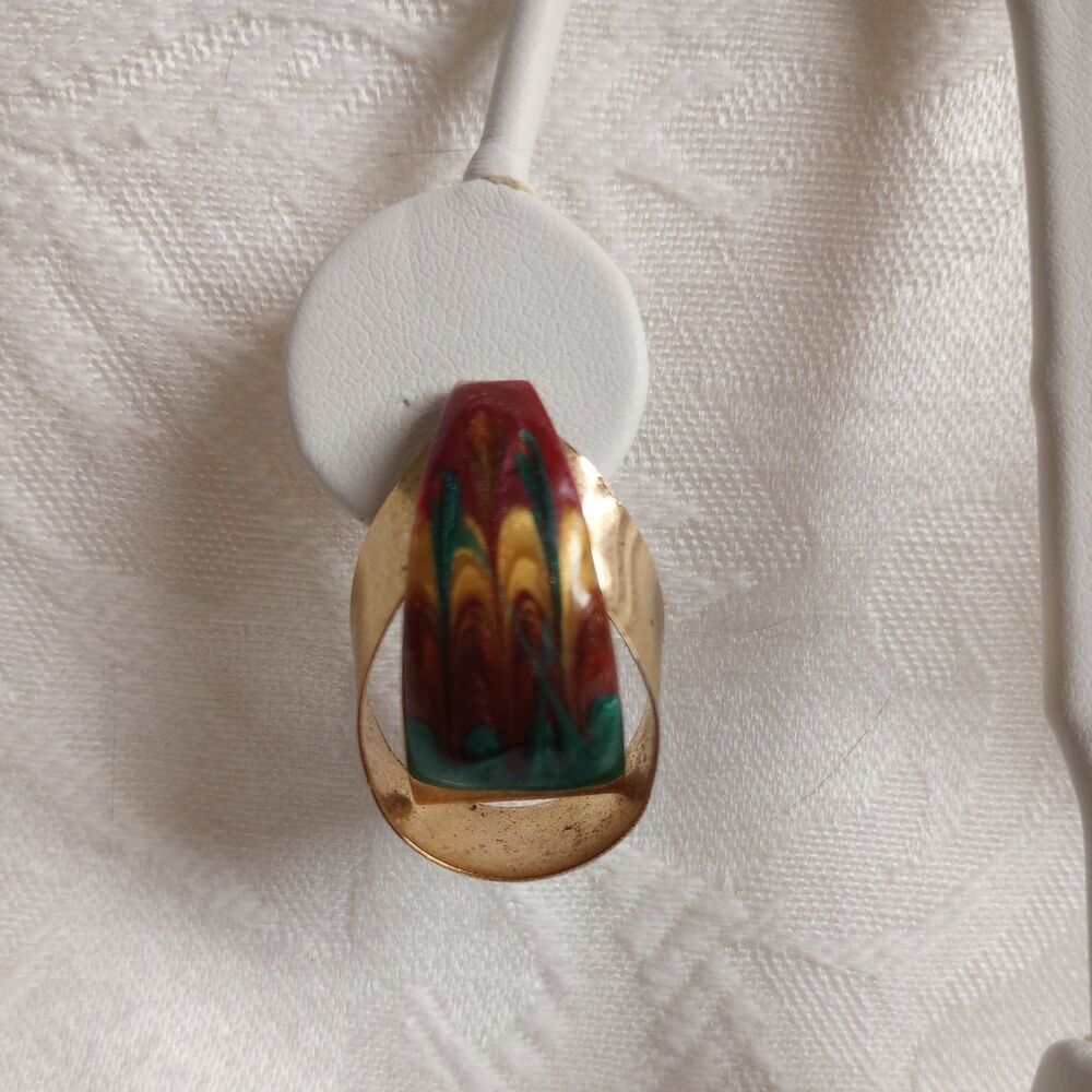 Marbled Enamel Swirl gold tone Ribbon Hoop Earrings 70s 80s autumn sunset read